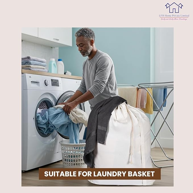 LFH Home Cotton Canvas Large Laundry Bag with Handle, Heavy Duty Drawstring Closure Washable Laundry Bags, School Travel, Home, Hotel, College Dorm, Organizer Sack, Toy Clothes 24x36 (Pack of 2)-White