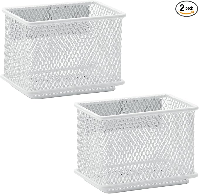 dedoot 2 Pack Pen Holder, 3.45x2.3x2.6inch Magnetic Basket Locker Organizer Metal Mesh Pencil Memo Holder for Whiteboard, Fridge, Desk, Offices,White