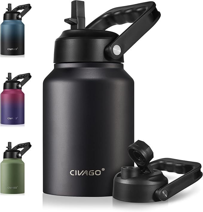 CIVAGO Half Gallon Insulated Water Bottle Jug with Straw, 64 oz Large Stainless Steel Sports Metal Water Flask with Handle, Big Thermal Water Cup Mug with 2 Lids for Camping & Fishing, Black