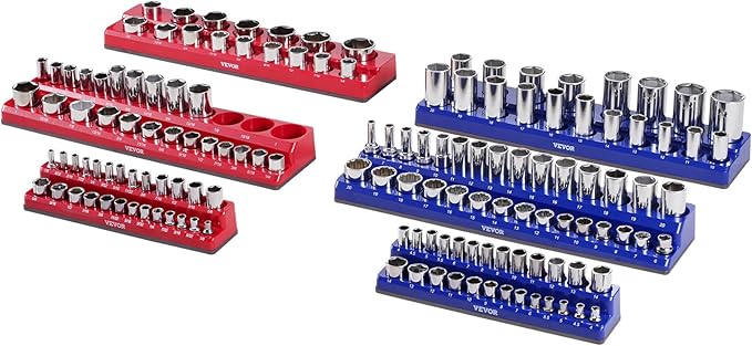 VEVOR Magnetic Socket Organizer Set, 6PCS Socket Holder, 1/4'', 3/8'' & 1/2'' Metric SAE Socket Trays with Clear Labels, Hold up to 143PCS Standard & Deep Sockets, Blue & Red (Sockets Not Included)