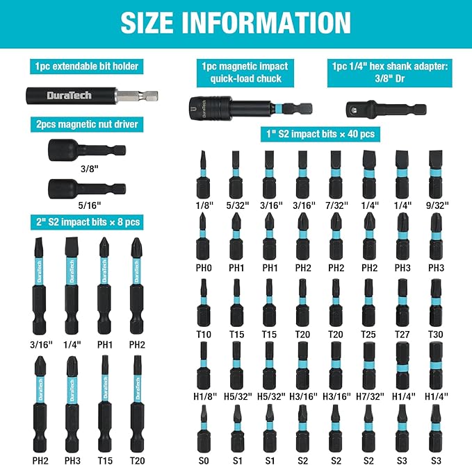 DuraTech 53 PCS Impact Screwdriver Bit Set with Tough Case, S2 Steel Security Torx Bit Set, CNC Machined Tips, 1" & 2" Long Impact Bits with extendable bit holder and magnetic nut driver