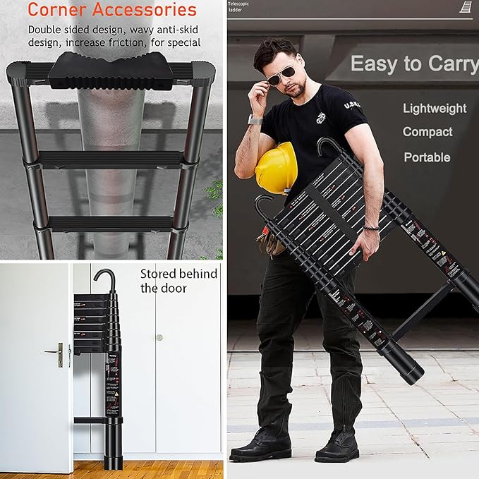 Telescoping Ladder 10.5 FT - Aluminum Telescopic Ladder with Hooks - Folding Extension Ladders for Home Work Loft Roof Attic RV Ladder with EN131 Certification - 330lbs Max Capacity (Black)