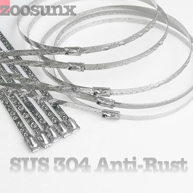 Metal Zip Ties (100PCS 11.8 Inch), 304 Stainless Steel, Heavy Duty Self-locking Cable Ties, for Exhaust Wrap, Chain Link Fence Parts, Heat Resistant Fencing Tie. for Pipe, Auto repair.