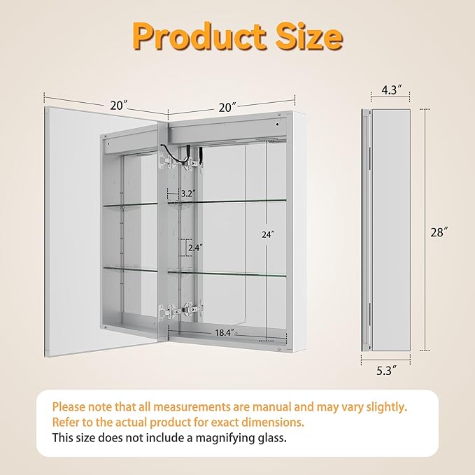 20x28x5.3In Medicine Cabinet with Lights, Recessed or Wall Mount Lighted Bathroom Mirror Medicine Cabinet with Defog, 3 Color Temperature & Stepless Dimming, Double Sockets & USBs（Left Door）