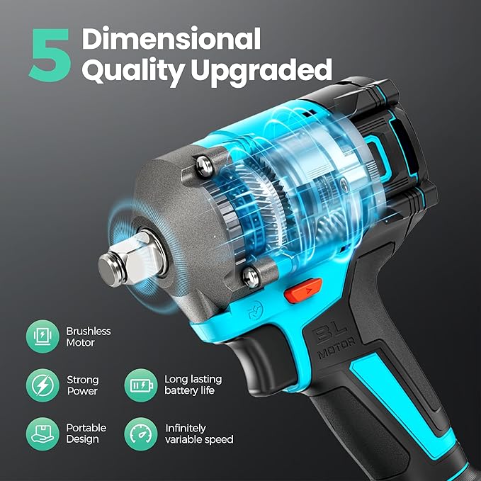 Cordless Impact Wrench High Torque, 442.5Ft-lbs, 1/2" Brushless Impact Gun, 2450RPM High Torque Gun, 4.0 Ah Battery, Electric Impact Motor Variable Speeds for Car/Truck/RV/Mower, 20V