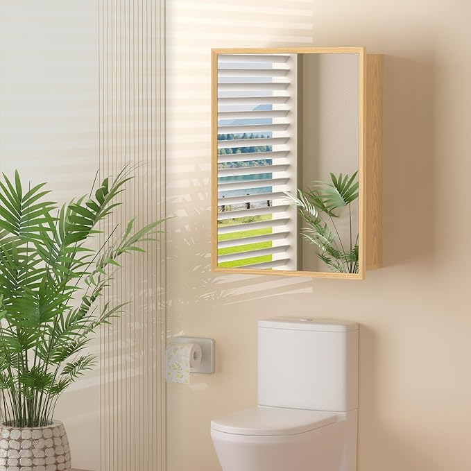 16x24 Inch Wooden Medicine Cabinet with Mirror, Surface or Recessed Mounted Bathroom Cabinets with Door, Adjustable Tempered Glass Shelves, Soft-Close Hinge, Wall Storage, Oak Wood Frame