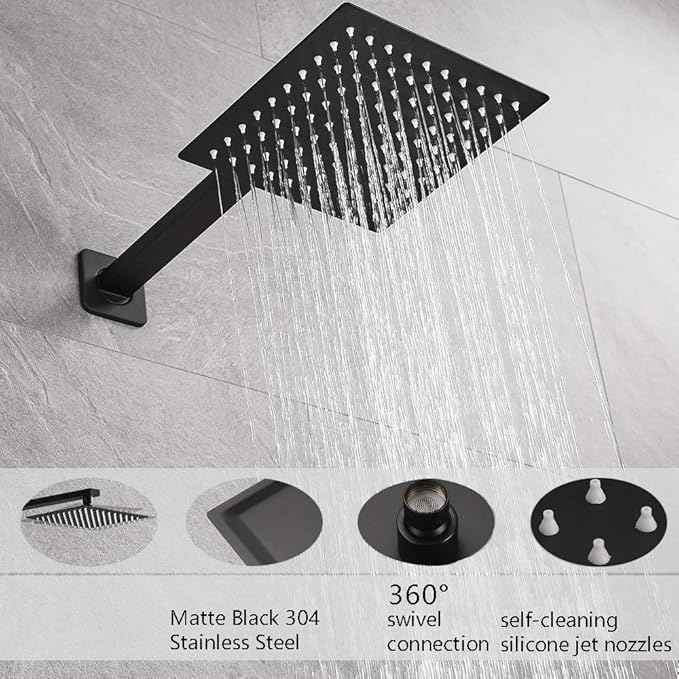 Matte Black Shower Faucet Set, Single Function Shower Trim Kit with Rough-in Valve, Square Rain Shower Head System Included Extra Long Shower Arm for Bathroom