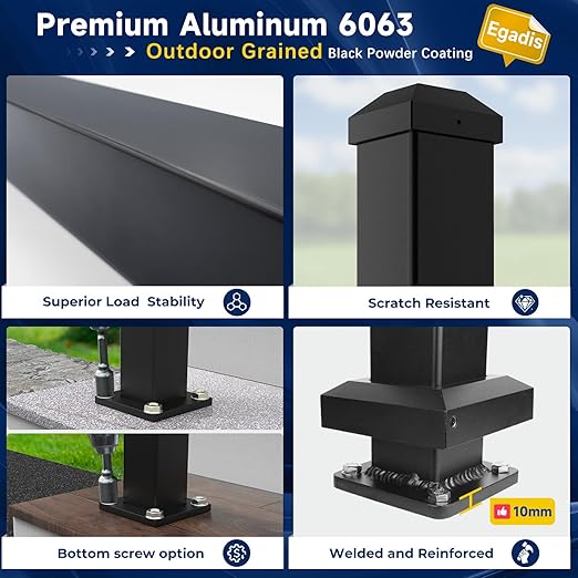 2.56 in. x 2.56 in. x 45 in. Porch and Deck Railing Post with Screws, Aluminum Railing Post, Black Textured Powder-Coat Finish Stair Post for Decks, Porches & Balconies (1x45in Post)