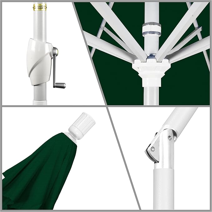 California Umbrella 7.5' Round Aluminum Market Umbrella, Crank Lift, Push Button Tilt, White Pole, Hunter Green Olefin