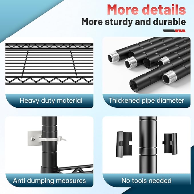 82" H X45 W X18 D Storage Shelves with Wheels, 6 Tier Wire Shelving Adjustable Metal Shelving Pantry Shelves Capacity 1200LBS for Garage Shelving, Pantry, Kitchen, Closet, Commercial, Black