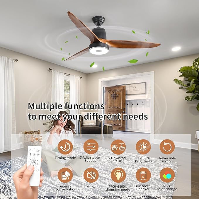 52 Inch Wood Ceiling Fan with RGB Dimming LED Light,with Music Bluetooth Speaker,Remote Control,3-Speed Regulation, Reversible Motor,Timing,for Living Room,Bedroom,Restaurant,Outdoor