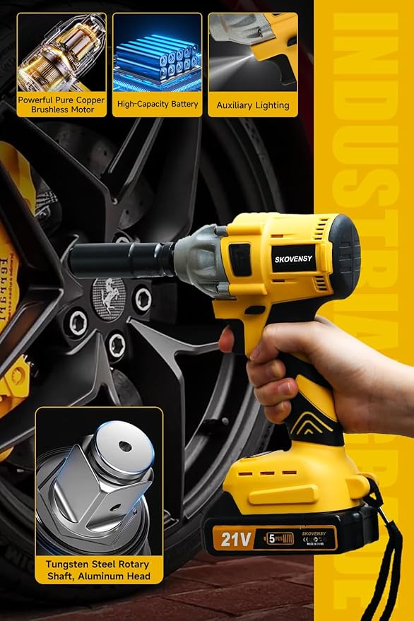 Cordless Impact Wrench 258Ft-lb（350N.m）, 1/2 Impact Gun, 2 Batteries, Pistola de Impacto, with 6 Sockets, Electric Impact Driver for Car Tires and Home YELLOW