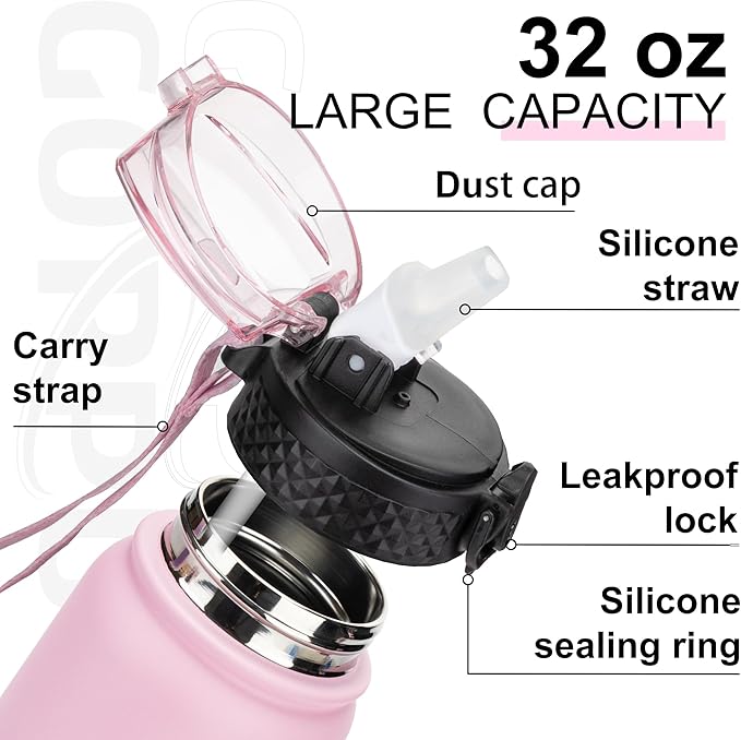 GOPPUS 32 oz Sports Water Bottle 1 Liter Double Wall Insulated Stainless Steel Water Bottles with Straw Lid Reusable Leak proof Metal water bottles with Strap Handle(Pink White 1 lid)
