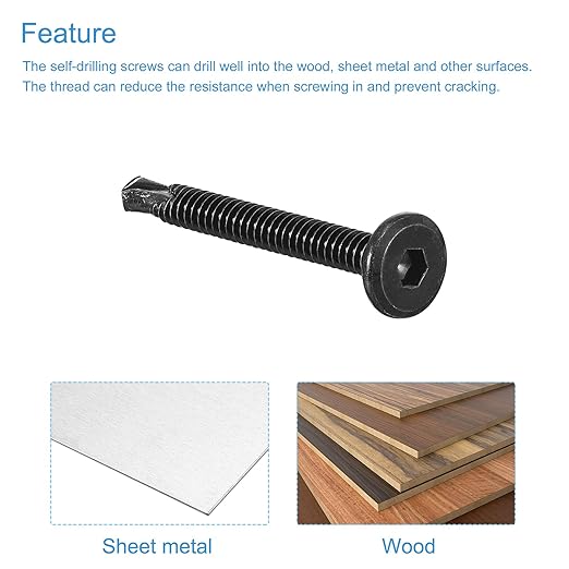 uxcell Hex Socket Self Tapping Screws, #10 x 2 410 Stainless Steel Sheet Metal Flat Head Drilling Screw 50pcs, Black