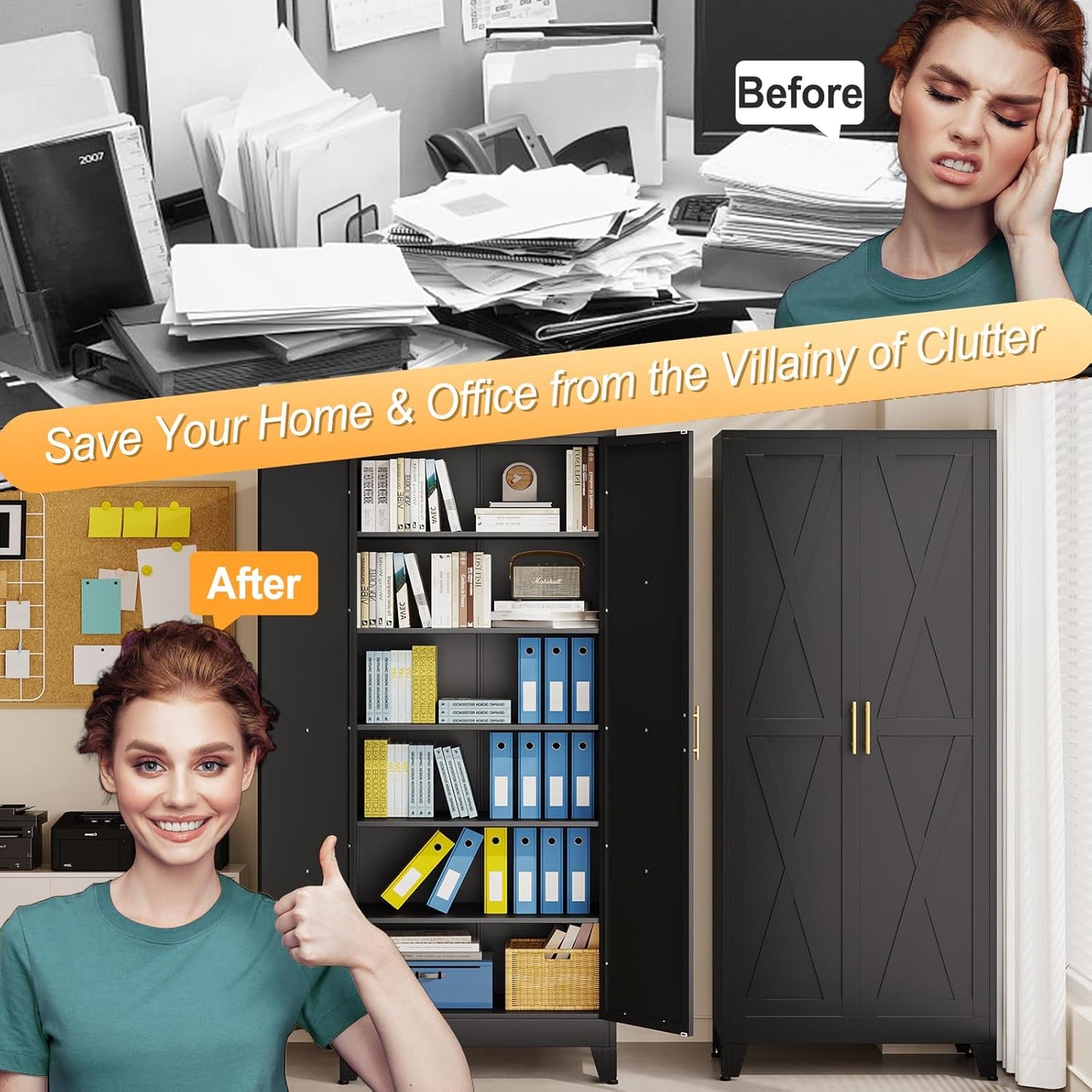 75" Tall Metal Kitchen Pantry Storage Cabinet, Freestanding Cupboard with 2 Doors and 5 Adjustable Shelves, Standing Storage for Kitchen, Bathroom, Garage, Dinning Room or Utility Room（Black）