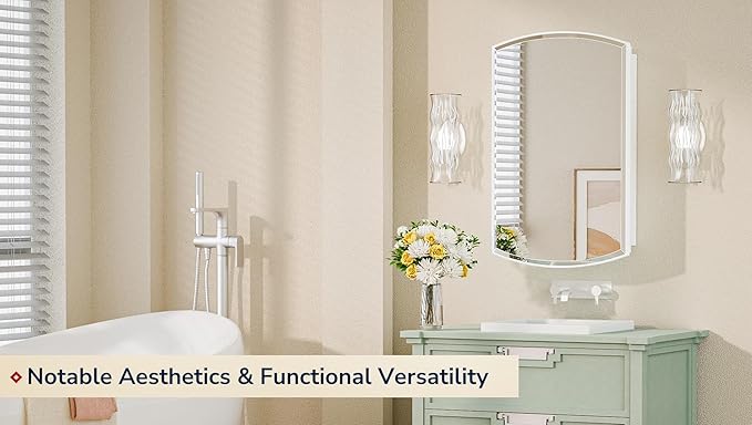 Keonjinn Medicine Cabinet 16 x 26 Inch, Surface Mount or Recessed Cabinets with Mirrors, White Metal Framed Wall Mirror with Storage, 2 Adjustable Shelves, Beveled Edge Frame