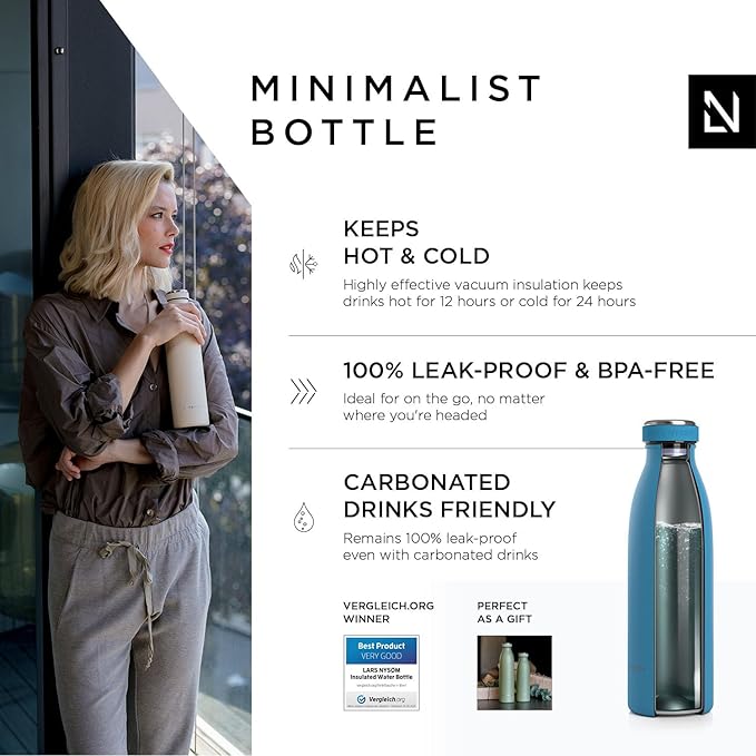 LARS NYSØM Stainless Steel Insulated Water Bottle 12oz 17oz 25oz 34oz 51oz | BPA-free Insulated Thermo Flask for Hot and Cold Beverages | Leakproof Drinking Bottle (Niagara, 17oz)
