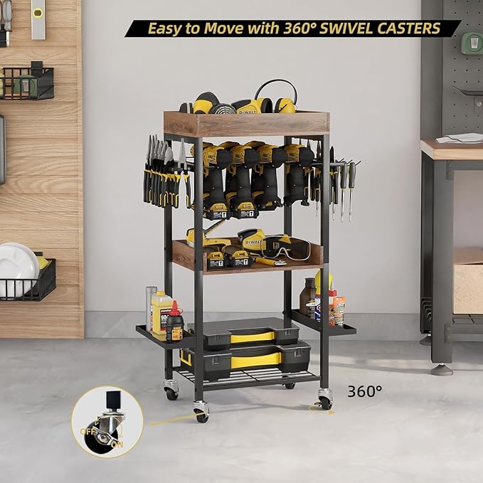 Power Tool Organizer Cart Metal Floor Standing Rolling Drill Rolling Tool Cart Box Organizer - 4 Layer Garage Storage Shelving with Wheels, for Workbench and Garage Gift for Men, Father.