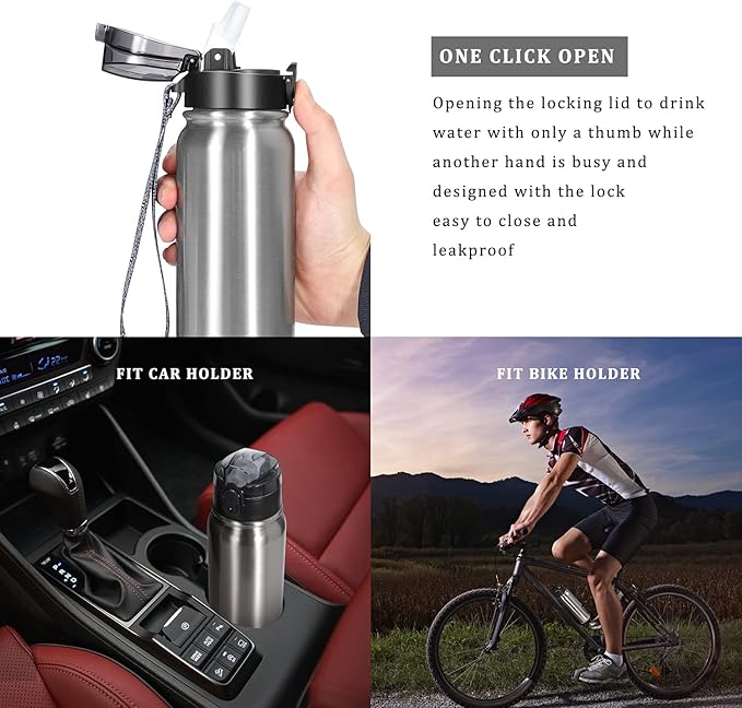 GOPPUS Kids Water Bottle with Straw 20oz Double Walled Metal Sports Insulated Stainless Steel Water Bottles Leak Proof with Strap Handle Stickers for Boys Girls School(Steel 1 Lid)