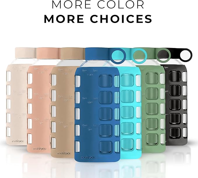 purifyou Premium 40/32 / 22/12 oz Glass Water Bottles with Volume & Times to Drink, Silicone Sleeve & Stainless Steel Lid Insert, Reusable Bottle for Fridge Water, Juice (22oz Chinese Porcelain)