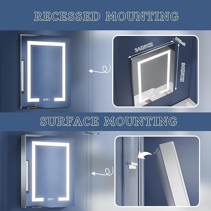 ExBrite LED Lighted Bathroom Medicine Cabinet with Mirror, 24 x 30 Inch, Recessed or Surface Mount, Anti-Fog, Stepless Dimming, Color Temperature Adjustment, 2 Outlets, Storage Shelves, Right Hinge