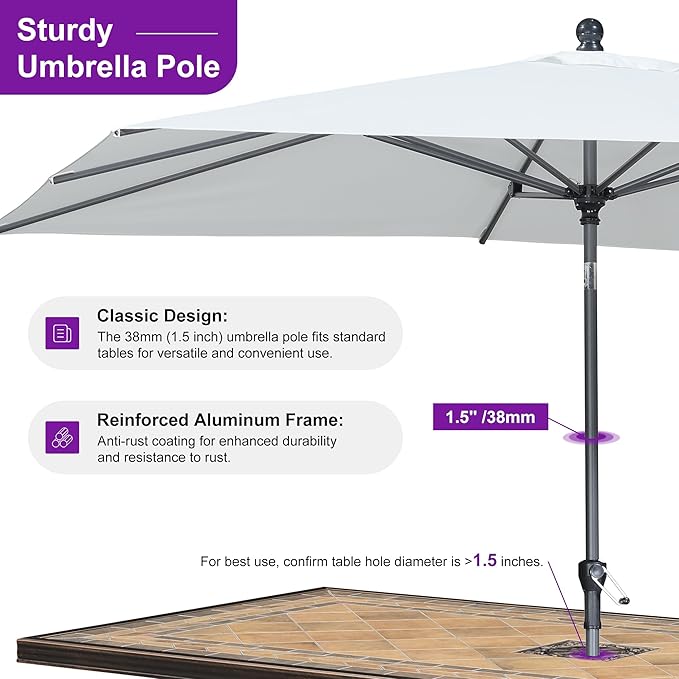 PURPLE LEAF 9' x 6' Rectangular Patio Umbrella Outdoor Table Umbrella Aluminum Frame Market Umbrella Sun Umbrella with 8 Sturdy Ribs Tilt for Garden Deck Lawn Pool White