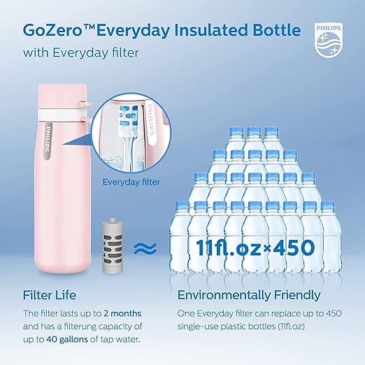 PHILIPS Insulated Stainless Steel Filtered Water Bottle with 3 Philips GoZero Everyday Tap Water Filters BPA Free Transform Tap Water into Healthy Tastier Water Keep Drink Hot/Cold, 18.6 oz, Pink