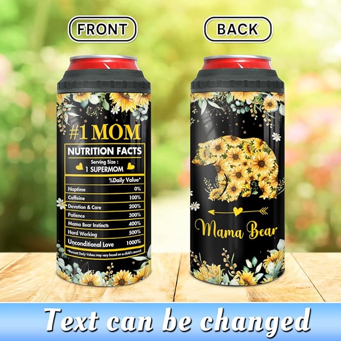winorax Mom Gifts Mama Bear Tumbler 4-in-1 Can Cooler Mom Nutrition Facts Tumblers Sunflower Style Stainless Steel 16oz Travel Cup Mother's Day Christmas Birthday Gifts from Daughter Son