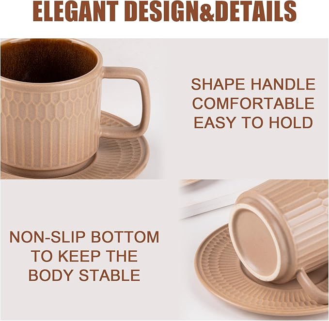 Large Cappuccino Cups with Saucers Set of 4, 8 Ounce Stackable Embossed Ceramic Coffee Mugs for Specialty Coffee Drinks, Latte, Cafe Mocha and Tea, Dishwasher & Microwave Safe (Brown)
