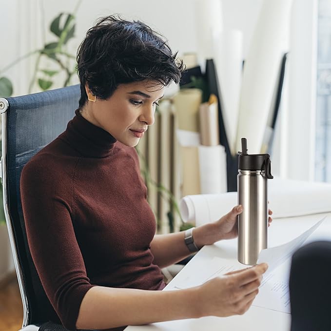 Volhoply 24 Ounce Insulated Water Bottle With Straw Lid,Stainless Steel Wide Mouth Sport Bottles With Handle,Double Wall Vacuum Thermos keep Cold,Reusable Travel Thermal Cups For Holder,Gym(Silver,1)