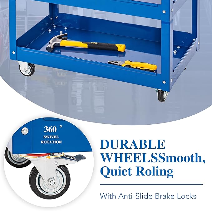 SUN & SUMMER 3-Tier Rolling Tool Cart with Wheels, Rolling Tool Chest 330 LBS Capacity Heavy Duty Utility Industrial Service Cart with Locking System Drawer for Garage, Warehouse, Repair Shop (Blue)