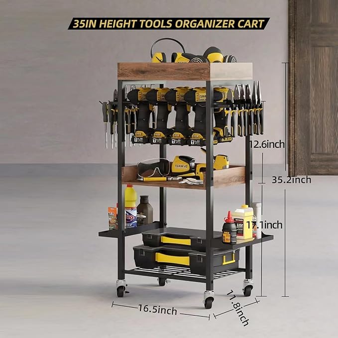 Power Tool Organizer Cart Metal Floor Standing Rolling Drill Rolling Tool Cart Box Organizer - 4 Layer Garage Storage Shelving with Wheels, for Workbench and Garage Gift for Men, Father.