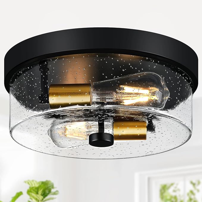 Flush Mount Ceiling Light Fixtures, 2-Light Black and Gold Ceiling Mount for Farmhouse with Seeded Glass Lampshade, Industrial Flush Mount Light Fixture for Hallway, Kitchen, Entryway and Foyer