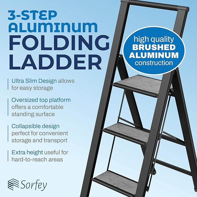 Step Ladder 3 Step Folding, Decorative - Beautiful Gray Wood & Black Aluminum, Ultra Slim Profile, Anti Slip Steps, Sturdy-Portable for Home, Office, Kitchen, Photography Use,by SORFEY