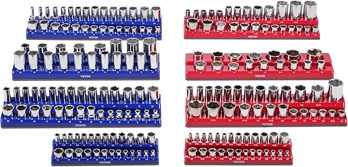 VEVOR Magnetic Socket Organizer Set, 8PCS Socket Holder, 1/4'', 3/8'' & 1/2'' Metric SAE Socket Trays with Clear Labels, Hold up to 199PCS Standard & Deep Sockets, Blaue & Red (Sockets Not Included)