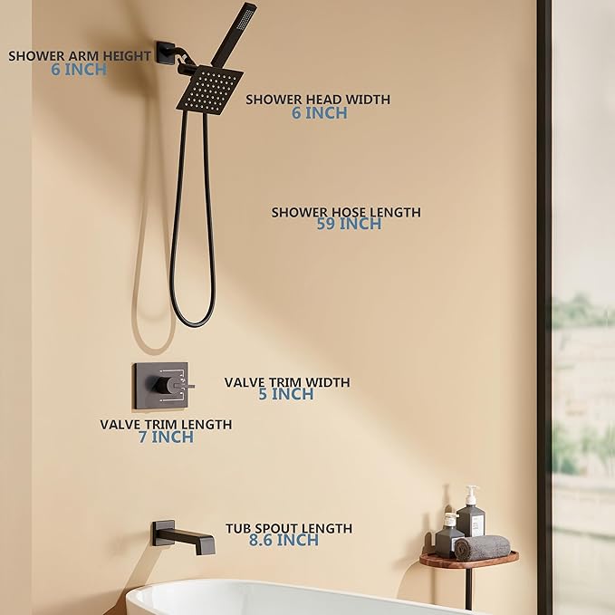 Shower Faucet Set, Shower Heads with Handheld Spray Combo and Tub Spout, All Metal Shower Head Combo and 3-Way Diverter,Black Shower Head and Handle Set