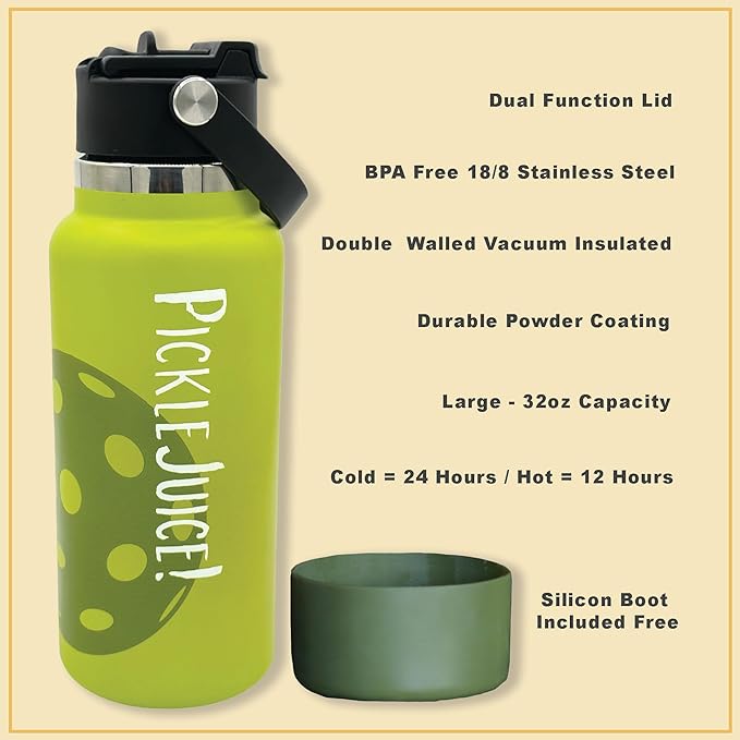 Maui Pickleball Co.™ Pickleball Water Bottle 32oz Pickleball Gifts Insulated Stainless Steel Water Bottle Funny Water Bottle PickleBall Accessories Sip/Straw Lid Pickleball Bottle (Black Lava)