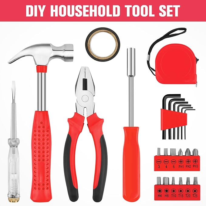 24 Piece Small Tool Kit for Men and Women, Mini Hand Tool Set with Storage Box for Home, DIY, Office, Garage(Red)
