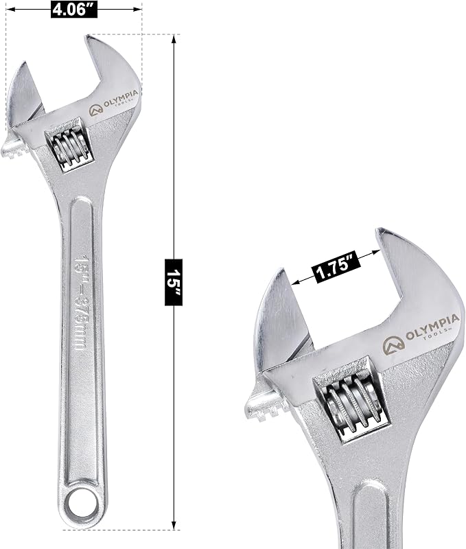 Olympia Tools 15" Adjustable Wrench, Heavy Duty Drop Forged Steel, Chrome Plated, Precision Machined Jaws, Rust Resistant