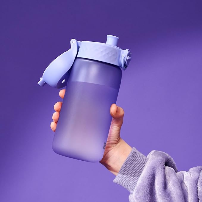 Ion8 Small Water Bottle, 350 ml/12 oz, Leak Proof, Easy to Open, Secure Lock, Dishwasher Safe, BPA Free, Carry Handle, Hygienic Flip Cover, Easy Clean, Odor Free, Carbon Neutral, Light Purple