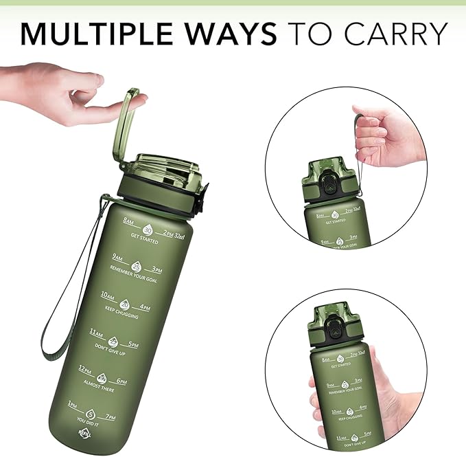 GOSWAG Water Bottles, 32 oz Motivational Sports Water Bottle with Straw and Time Marker to Remind You to Drink, Comes with Carry Strap, Leakproof