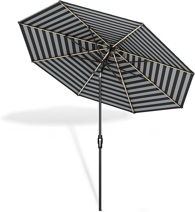 Midtown Umbrellas The LED Swilt 10 Feet Patio Umbrella With Sunbrella Black & White Acrylic Fabric - Auto-Tilt Aluminum Frame With LED Lights For Backyard, Deck, Garden, Pool - Black Pole