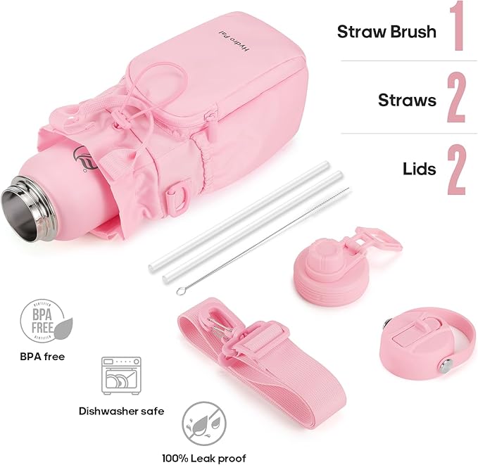 Insulated Water Bottles 32 oz with 2 Leak Proof Lids & Water Bottle Holder, Wide Mouth Sport Water Bottle with Straw, Reusable Stainless Steel Water Flask, Double Walled Vacuum Thermos