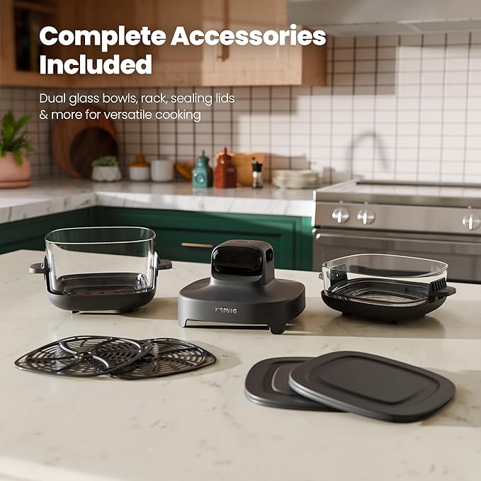 Kismile 5-in-1 Portable Glass Air Fryer, 2.6QT & 4.7QT Dual Glass Containers with Lids, 85% Less Oil, Compact Smart Air Fryer Oven for Deep Roast, Crisp, Keep Warm – Freezer & Dishwasher Safe