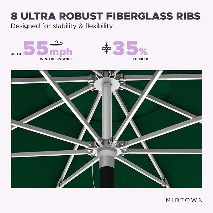 Midtown Umbrellas Push Pop Sunbrella Umbrella 8 Feet Outdoor Umbrella in Forrest Green Acrylic Fabric - Patio, Backyard, Garden, Picnic Table & Pool - Black Pole