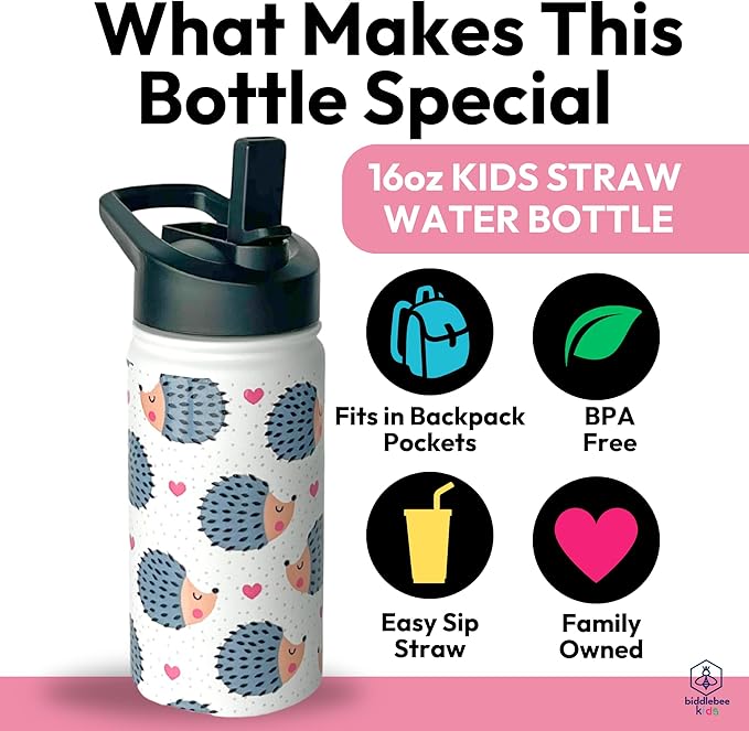 Biddlebee Kids Water Bottle with Straw Lid | 14oz Insulated Stainless Steel Reusable Bottles for School | Leak Proof Cap with Handle & Touch Free Spout | Great for Boys & Girls