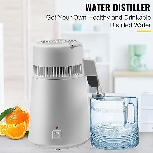 VEVOR 1.1 Gal Water Distiller, 750W Distilled Water Machine, 4L Distilling Pure Water Machine w/Plastic Container, Water Distillation Kit w/Button, Countertop Distilled Water Maker for Home (White)