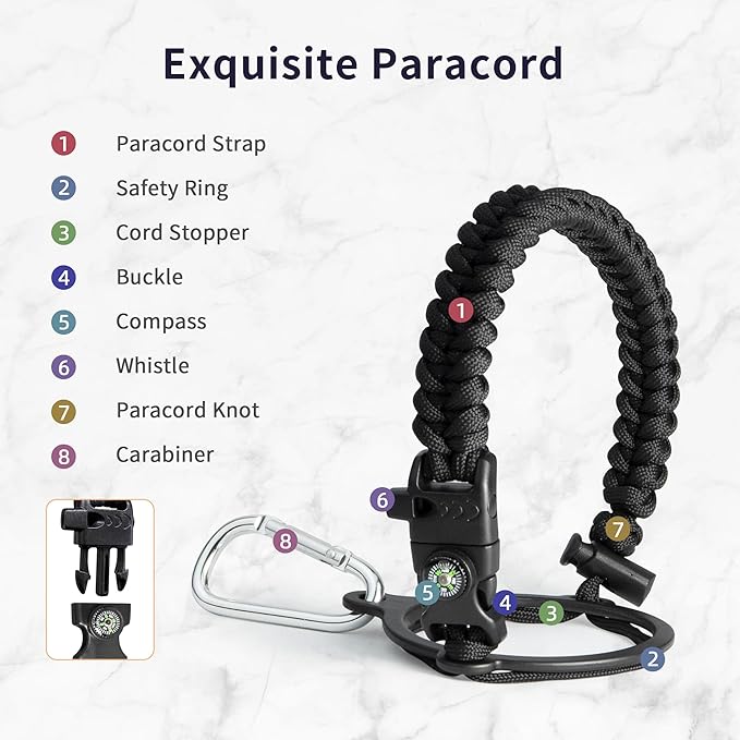 Trebo One Gallon Water Bottle Insulated with Paracord Handle,128oz Food-grade Double Wall Vacuum Stainless Steel Insulated Jug with Straw Spout Handle Lids, Leakproof Keep Cold & Hot,Black