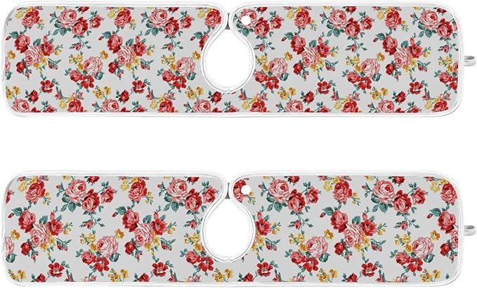 Kitchen Faucet Absorbent Mat,Rose Floral Flower Water Splash Guard for Sink, Faucet Drip Catcher Thicken Sponge Microfiber Faucet Water Catcher Mat Sink Absorbent Mat for Kitchen 30x5in 2Pack