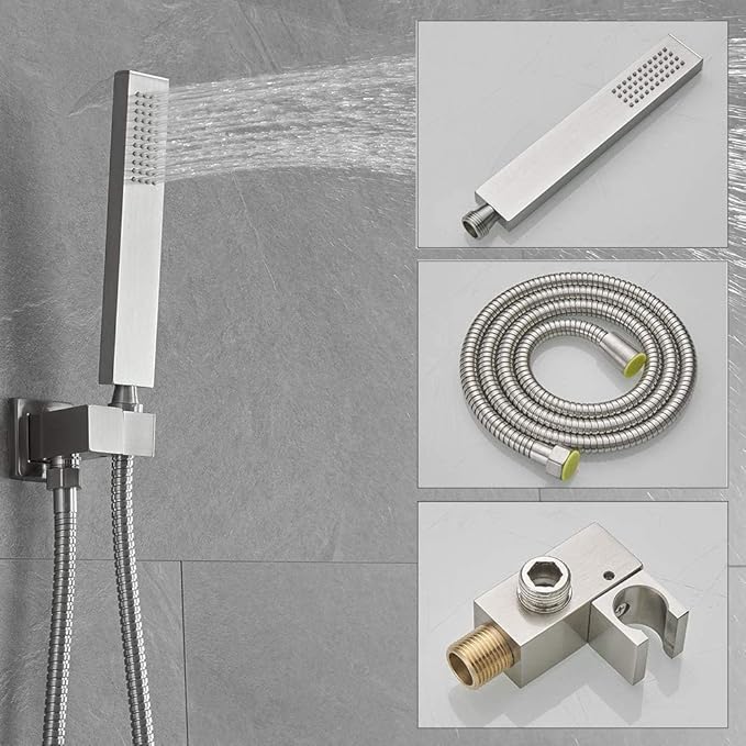 12 Inch Ceiling Mount Brushed Nickel Shower System Bathroom Luxury Rain Mixer Shower Combo Set Ceiling Rainfall Shower Head System (Contain Shower Faucet Rough-in Valve Body and Trim)